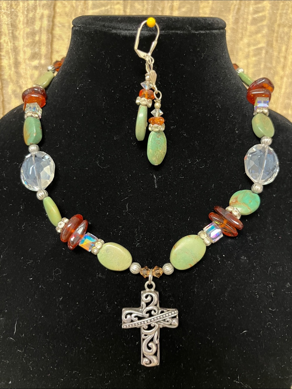 Turquoise and Amber Beaded Cross Necklace with Matching Earrings